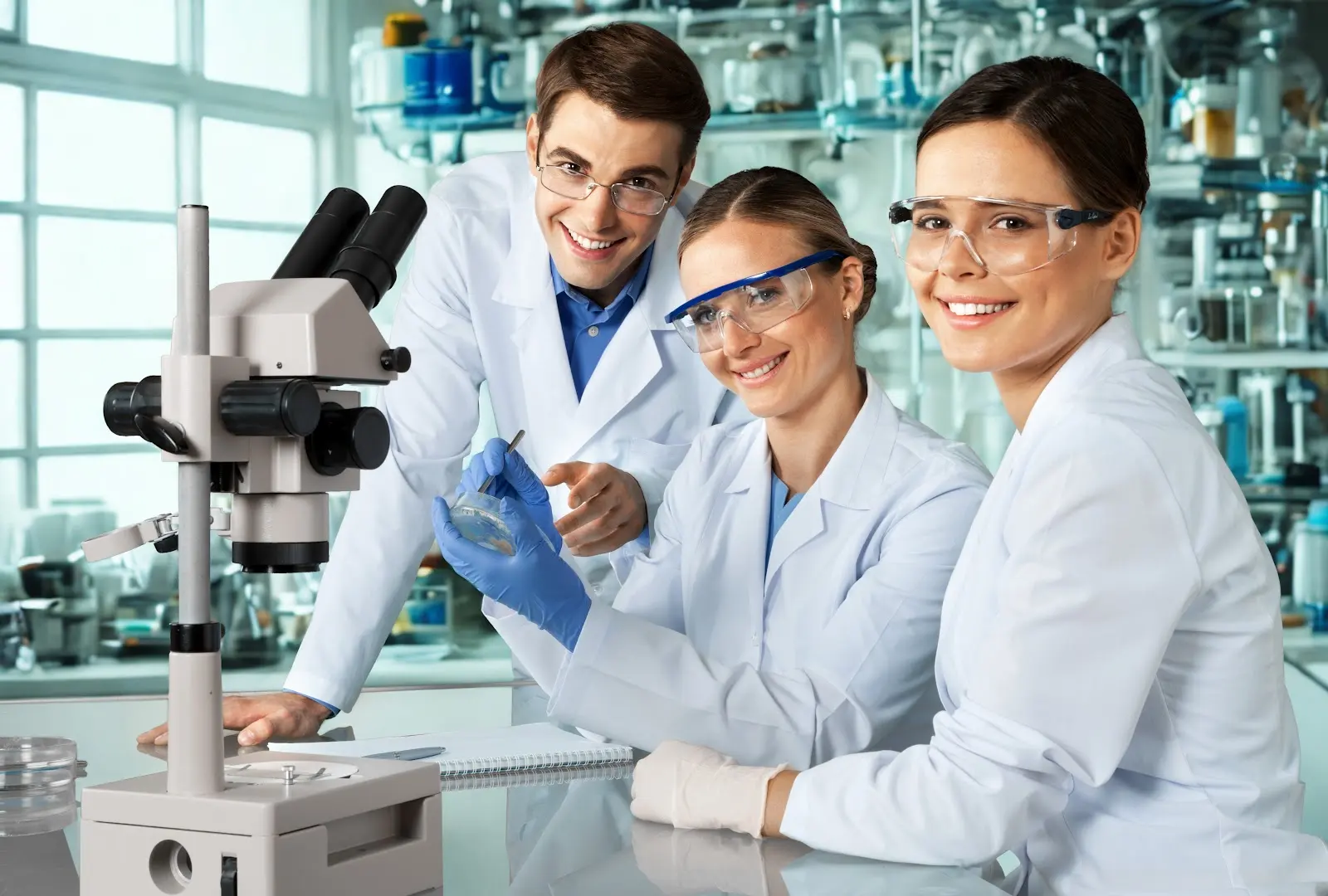 Two scientists in hazmat suits working with a microscope and notes in a laboratory setting.
